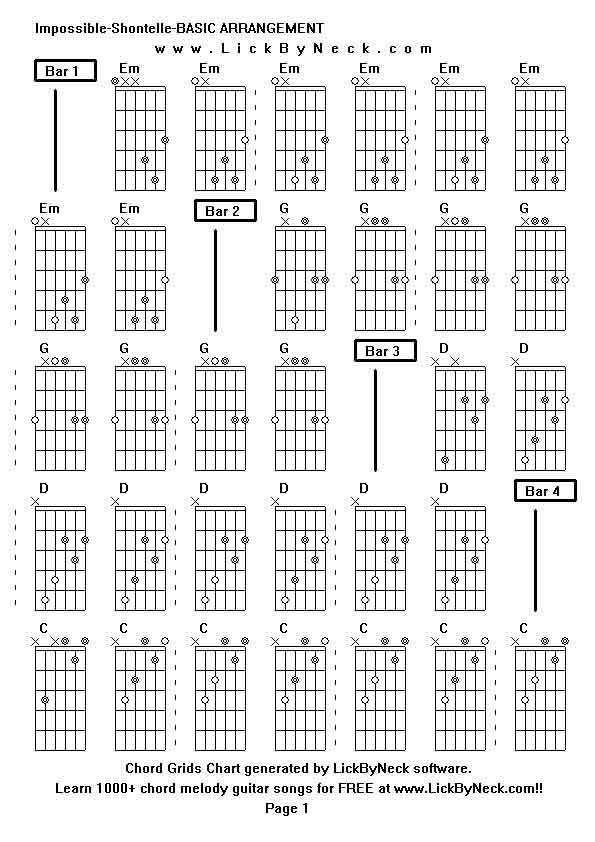 Chord Grids Chart of chord melody fingerstyle guitar song-Impossible-Shontelle-BASIC ARRANGEMENT,generated by LickByNeck software.